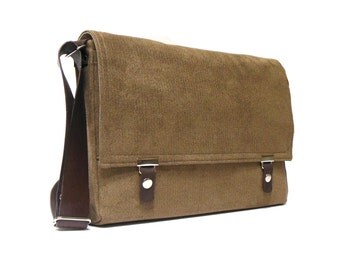Messenger bag for 12" MacBook with leather strap - medium brown herringbone
