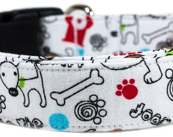 Vivid Collars Fashion Dog Collar Adorable cartoon doodles white print 