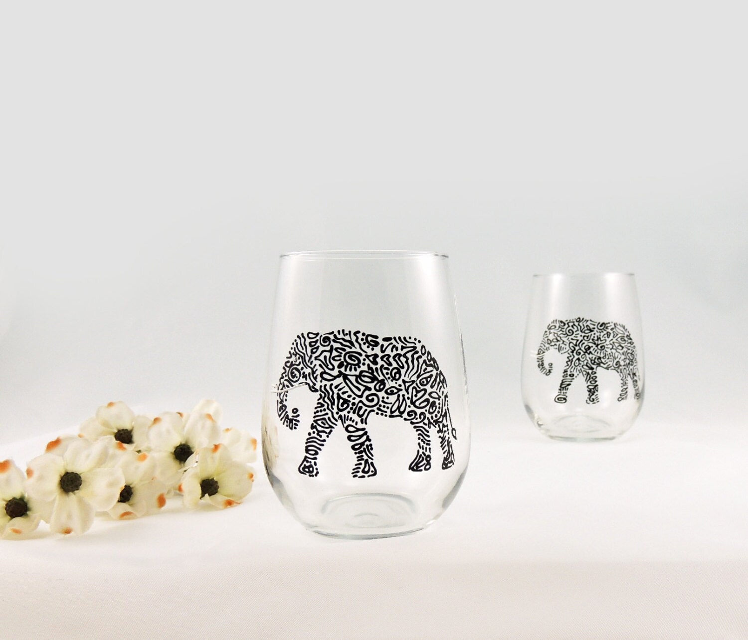 Elephant glasses Hand painted stemless white wine glasses