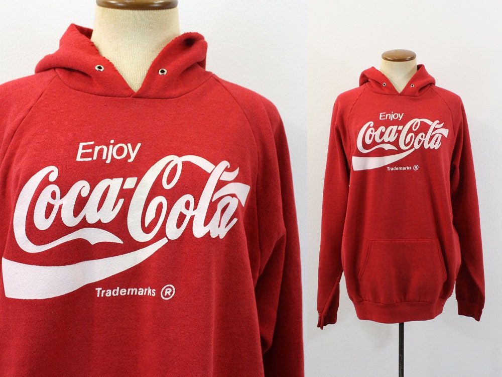Vintage Hooded Sweatshirt Coca Cola Pullover Distressed Hoodie