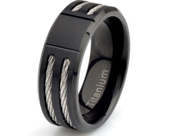 mens black titanium wedding band matte finish stainless steel rope inlay mens ring - Mens Black Titanium Wedding Rings mens black titanium wedding band matte finish stainless steel rope inlay mens ring - Mens Black Titanium Wedding Rings
