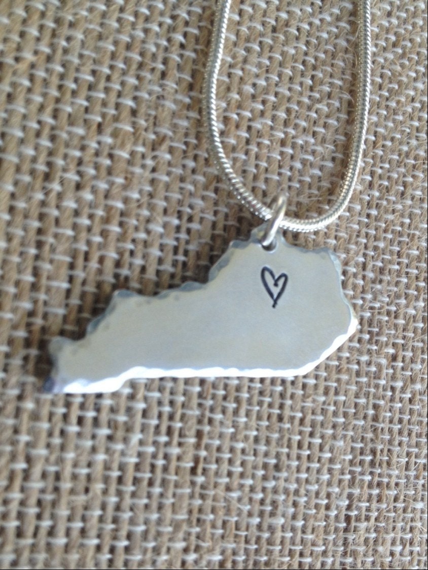 Kentucky State Necklace With Hand Stamped Heart, Kentucky Necklace, Heart Necklace KY, Kentucky Stamped Necklace With Heart, KY Love Jewelry