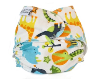 Cloth Diaper Fitted, One Size, Zoo Animals, Flannel - Add Snaps, Hook and Loop, or Pins