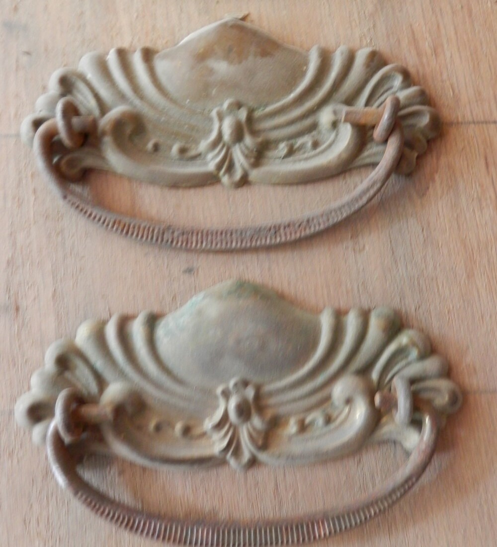 set of 10 matching antique stamped brass drawer pulls 3 inch centers