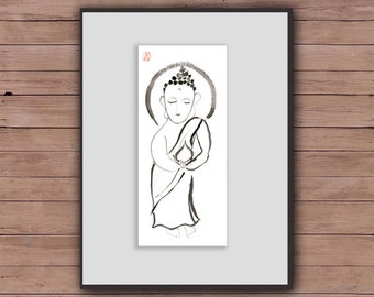 Jizo, Zen Baby Buddha, Jizo Buddha Original Zen Custom Art Sumi e Ink Painting, zen decor, childs room art, japanese style wall art