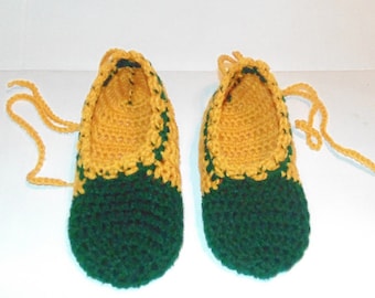 Green and Yellow Gold Crochet Slipper Shoes Size 9, Womans Slippers, Mary Jane Slippers