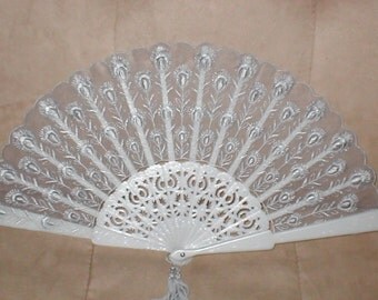 Vintage Folding Fan with GRAY Embroidery