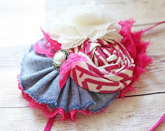 Berry Picking- yellow and denim silk flower, chiffon flower and ruffle headband