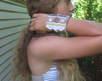 Eco Cuff BRACELET, fiber cuff bracelet , beaded bracelet, natural bracelet, mixed media bracelet, upcycled cuff, folk cuff bracelet, Zasra