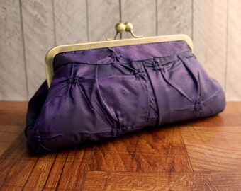 Purple evening bag, kisslock purse, taffeta purple clutch purse, framed clutch, pleated clutch, tufted taffeta