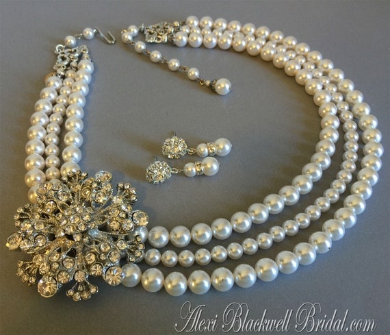 Pearl Bridal Necklace Set Brooch Necklace with Rhinestone broach 3 ...