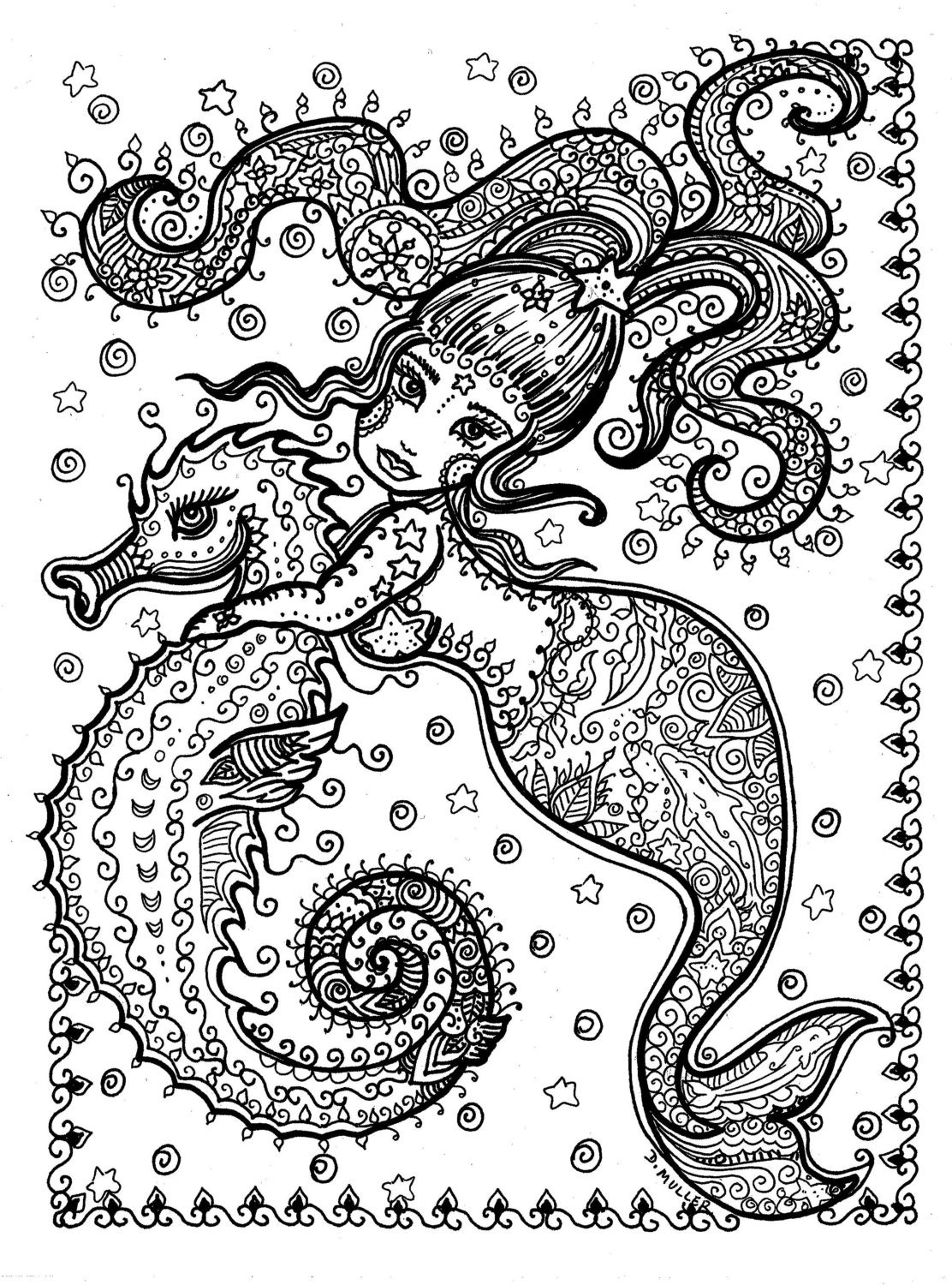 Download Printable Coloring Page Sea Horse and Mermaid You download and