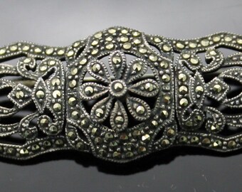 Vintage Art Deco Sterling Silver Marcasite Bar Pin, Brooch, Scarf accessory, Bent Spoon Jewelry
