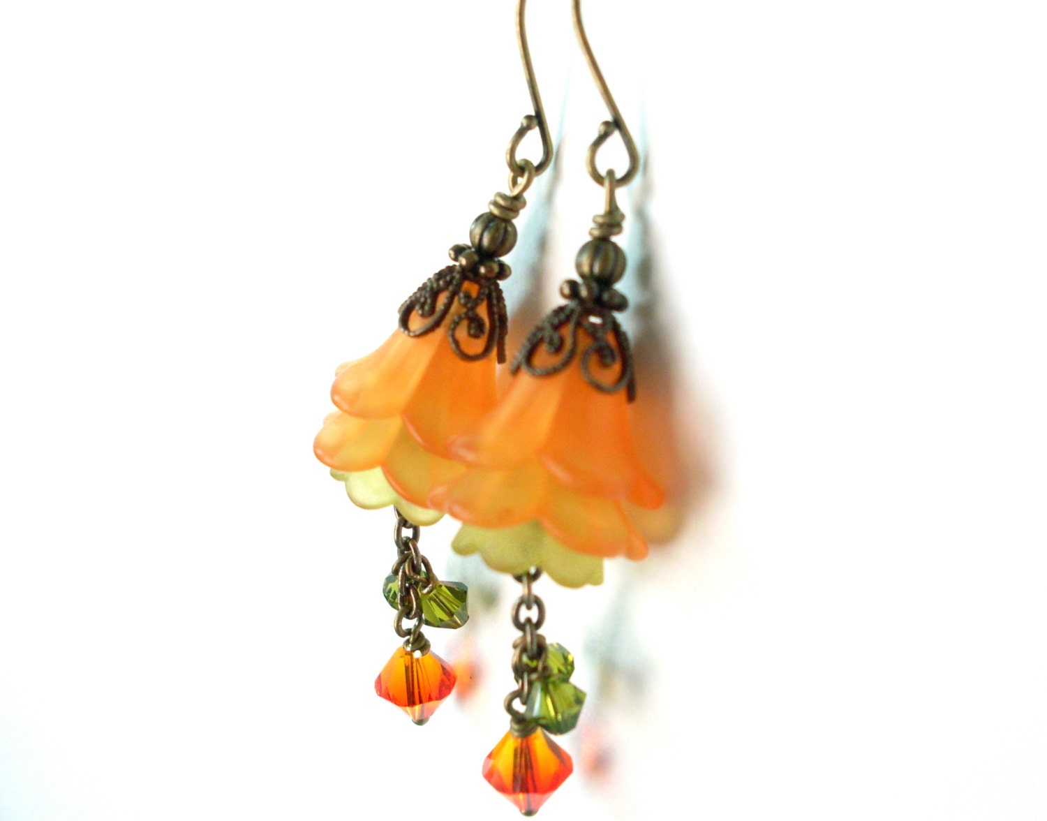 Orange green flower crystal earrings lucite flower layered