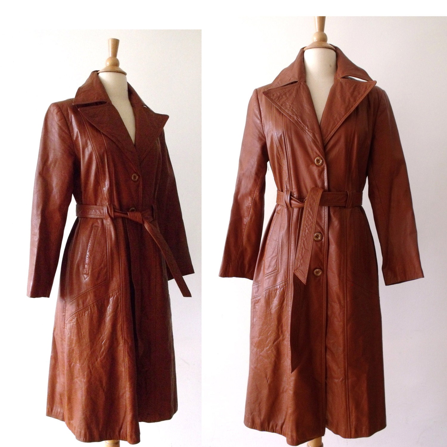 70's Women's Trench Rust Leather Coat Size M