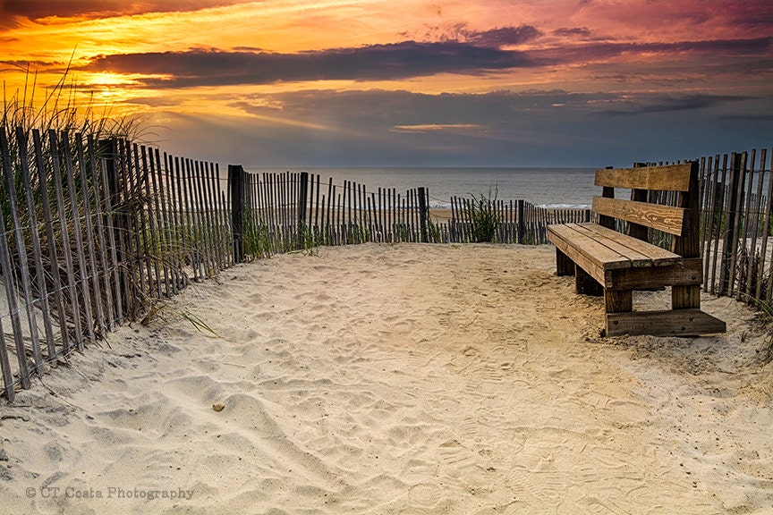 Bethany Beach Sunrise Sand Dune Path Ocean Surf Wood Bench