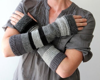 Hand knit urban rustic arm warmers / long fingerless gloves / gray scale / black / country boho / mix and match monochrome / winter arm cozy