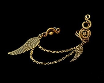 Steampunk Ear Cuff Pierced - Dangle Titanium Earrings - Winged Ear Wrap With Chain - Designer Jewelry - Steampunk Collection