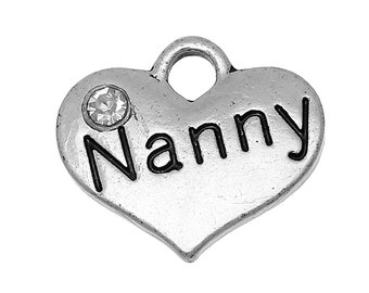 20 bulk Silver Tone Rhinestone "Nanny" Heart Charm Pendants 16x14mm (5/8"x1/2") chs2003