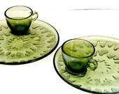 Set of two vintage tea and toast platters snack sets retro antique green glass teacup and plates set