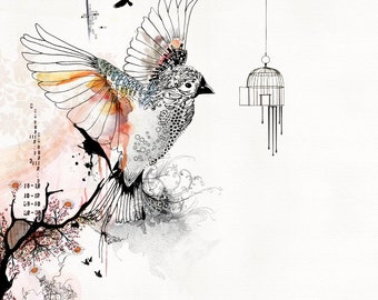 Prints illustrations, Bird cage art, Living room art, Bird art drawing, Orange and gray