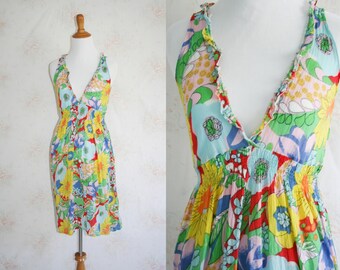 Vintage 60s Sundress, 1960s Beach Dress, Floral Flower Print, Cover Up, Mod