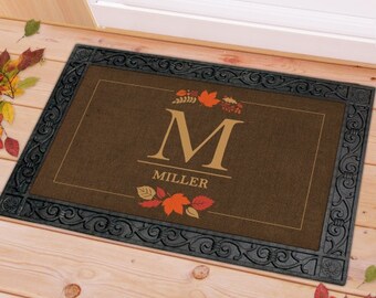 Monogram Family Welcome Fall Leaves Doormat, personalized doormat, welcome home, fall doormat, autumn leaves, floor mat -gfyU959983F