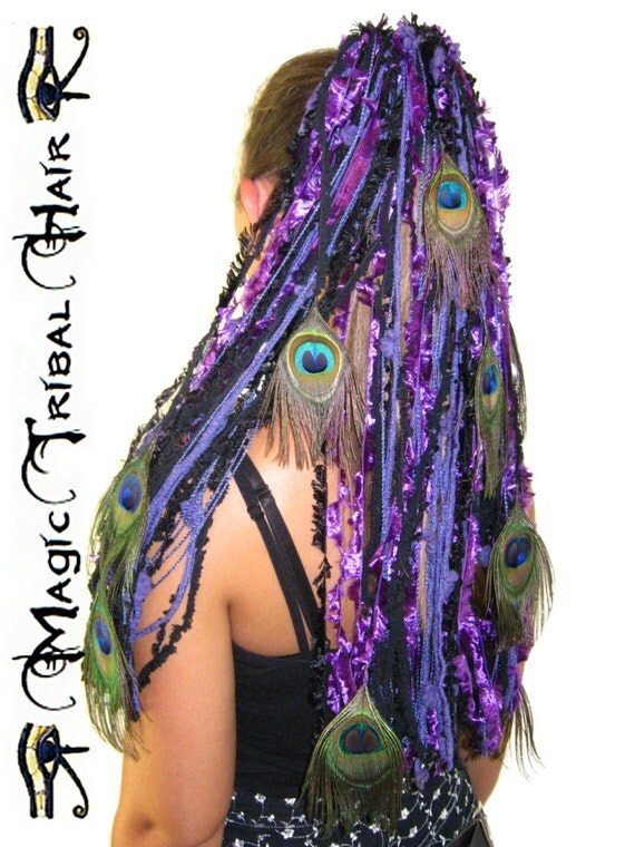 Purple YARN hair FALLS with PEACOCK feathers by MagicTribalHair