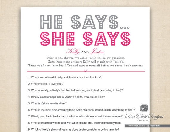 Items Similar To He Says She Says - Printable Personalized Bridal ...