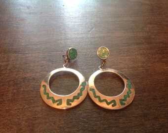 SALE: Beautiful Vintage Mexican Sterling and Turquoise Hoop Earrings Very Boho