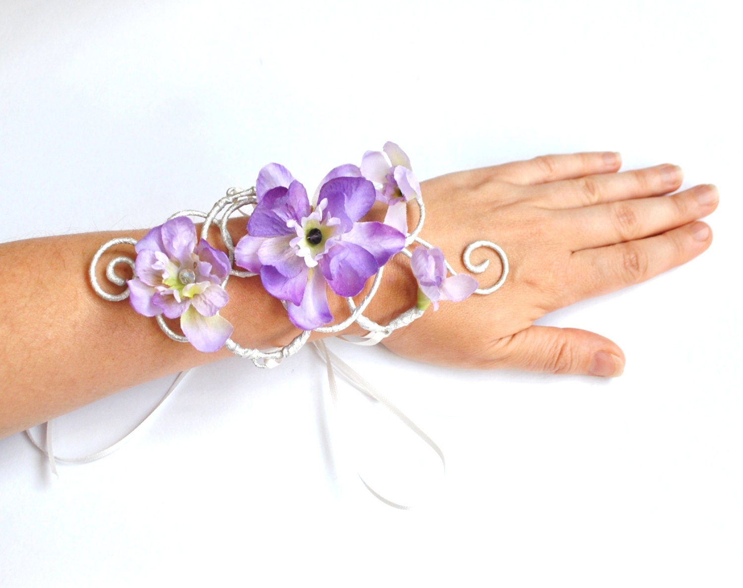 silver and purple corsage flower and vine arm cuff flower girl