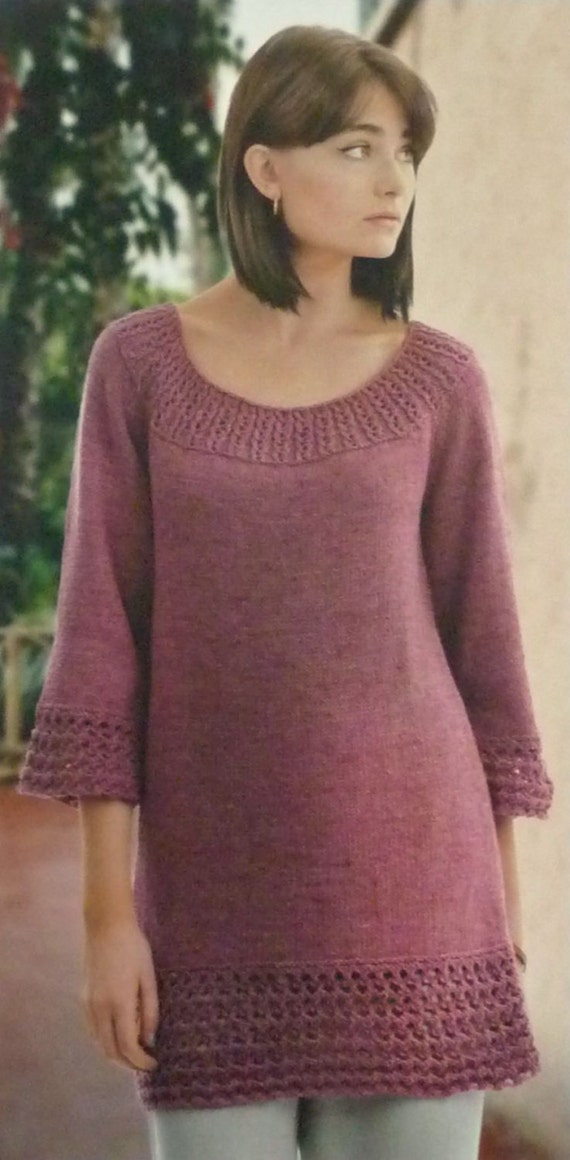 Womens Knitting Pattern W5893 Ladies 3/4 Sleeve Scoop Neck