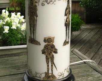 Piero Fornasetti Style Table Lamp Medieval Knights in Armor Black & Gold on White -Mid Century Mod