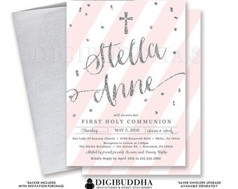 GIRL FIRST COMMUNION Invitation Pink & Silver Christian Religious Party Baptism Girl Blush Stripe Glitter Confetti Printed or DiY - Stella