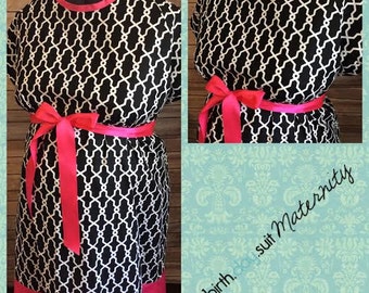 Maternity Hospital Gown - Black with white Geometric Print, Hot Pink Band