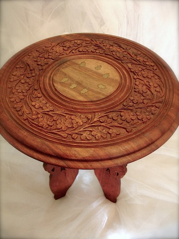 Vintage hand carved wooden bohemian accent table stand with