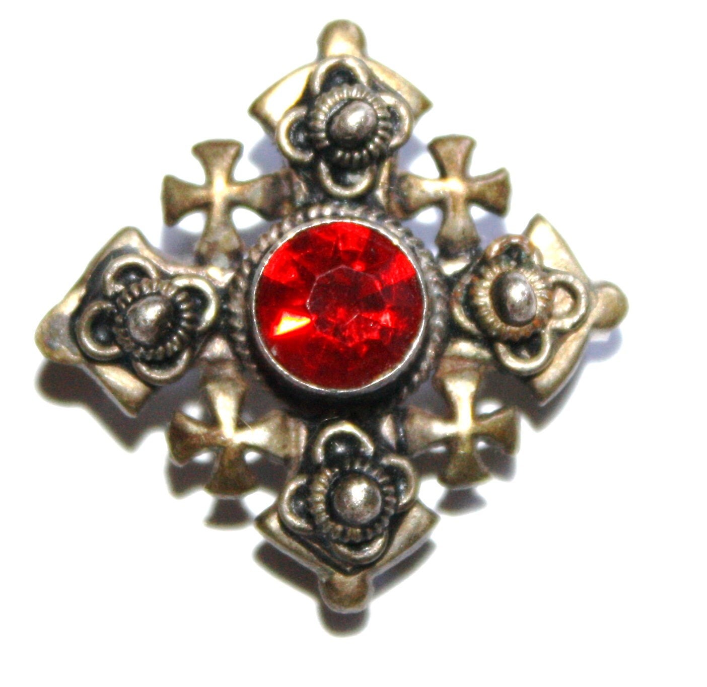 Vintage Silver Jerusalem Cross Brooch Pendant Faceted Red