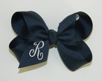 Navy Monogram Large Grosgrain Hair Bow - Navy Hair Bow, Monogram Hair Bow, Monogram, School Uniform Hair Bow, Uniform Hair Bows, Navy Bow