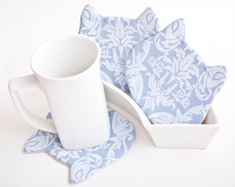 Cat Fabric Coasters for Cups, Cute Blue Coasters, Coffee and Tea mat, Drinkware, Table Decorations, Grandma Gift, Animal Coasters