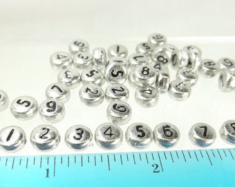 Number Beads Silver Flat Round Black Numbers 50 pieces 7x4mm Side Drill jewelry supply spacer bead