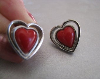 Small Red Heart Earrings - Red Heart Post Earrings - Vintage Studs