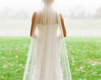 Cathedral, fingertip, elbow, shoulder wedding veil, **108 in. wide** white to ivory, blush, cut edge, one tier with clip