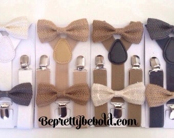 Burlap Bow Tie Suspender Set Rustic Wedding Ring Bearer Outfit Groomsmen Burlap Bow ties Baby Toddler Boy Necktie Braces Gray Mens tie