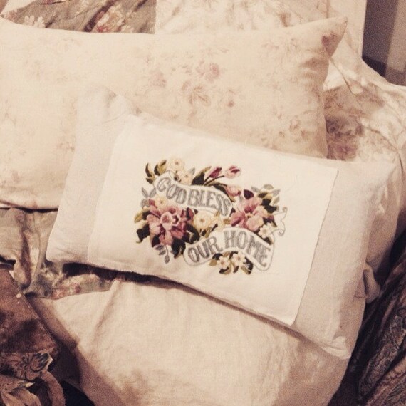 Items similar to Custom made vintage embroidered God Bless our home antique pillow cover linen ...