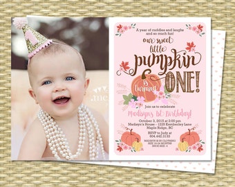 Our Little Pumpkin Birthday Invitation First Birthday Invitation Pumpkin Girl Birthday Invite 1st Birthday Invitations Fall with Photo