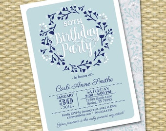 Adult Birthday Invitation Winter Wreath Folk Art Blue Light Blue ANY EVENT