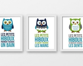 Règles de la salle de bain art, prends ton bain, lave tes mains, décor hiboux, chambre bébé hibou, imprimés muraux, petits hiboux imprimés