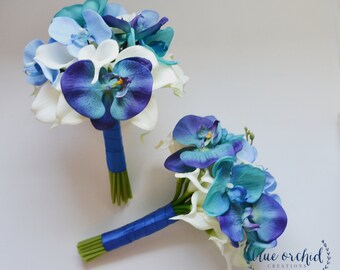 Blue Wedding Bouquet, Blue Flowers, Orchid Bouquet, Teal Orchid, Turquoise Orchid, Blue Orchid and Calla Lily Real Touch Bridesmaid Bouquet