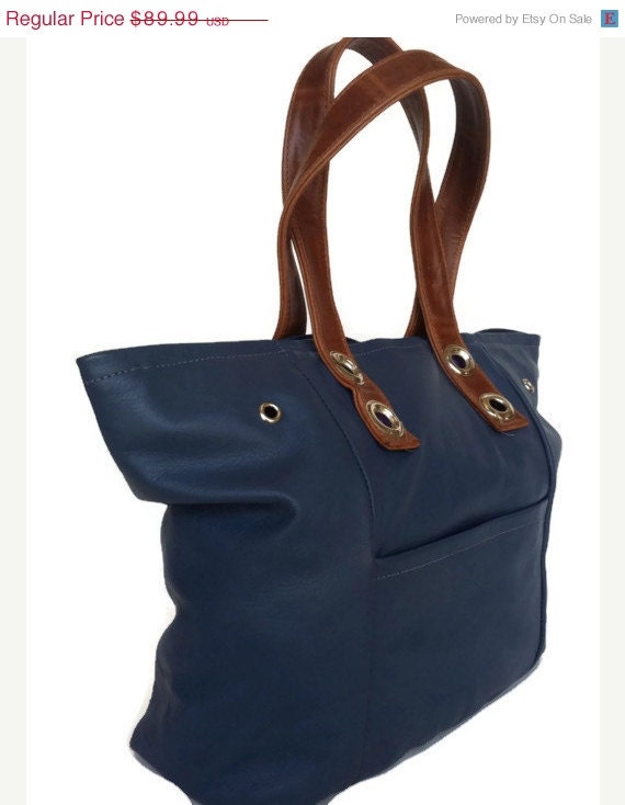 ON SALE Leather tote purse blue brown shoulder bag everyday fashion ...