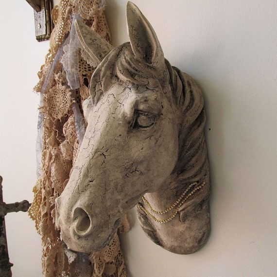 Horse head wall mount faux painted distressed French Nordic ornate taxidermy hanging sculpture